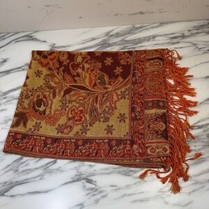 Women Reversible Pashmina Silk Scarf 66x26" Red Ornate Boho Chic Wrap Shawl